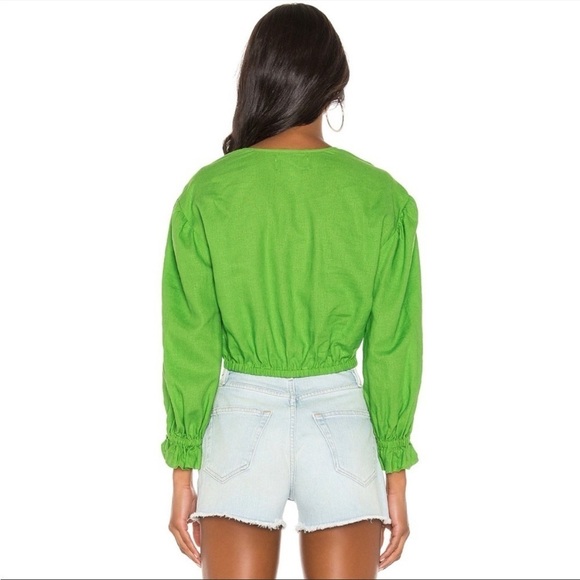 L'Acadamie The Vera Blouse Linen Blend Long Sleeve Cropped Top XS Lime Green - Picture 3 of 15